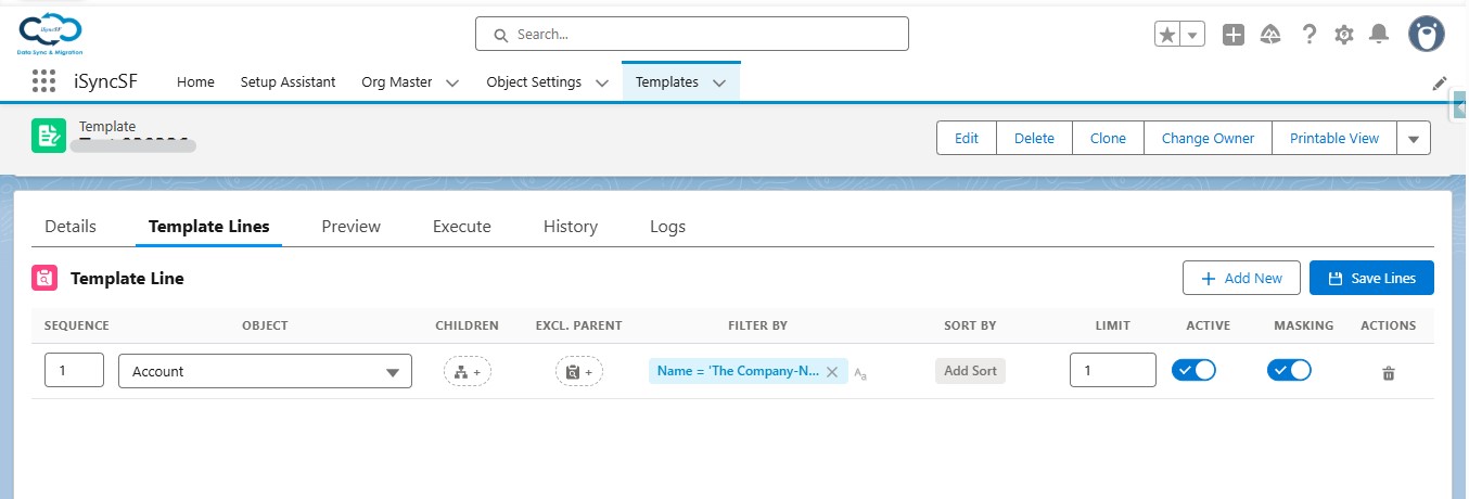 iSyncSF Template Lines grid with Salesforce object names, SOQL filter conditions, and sequence order